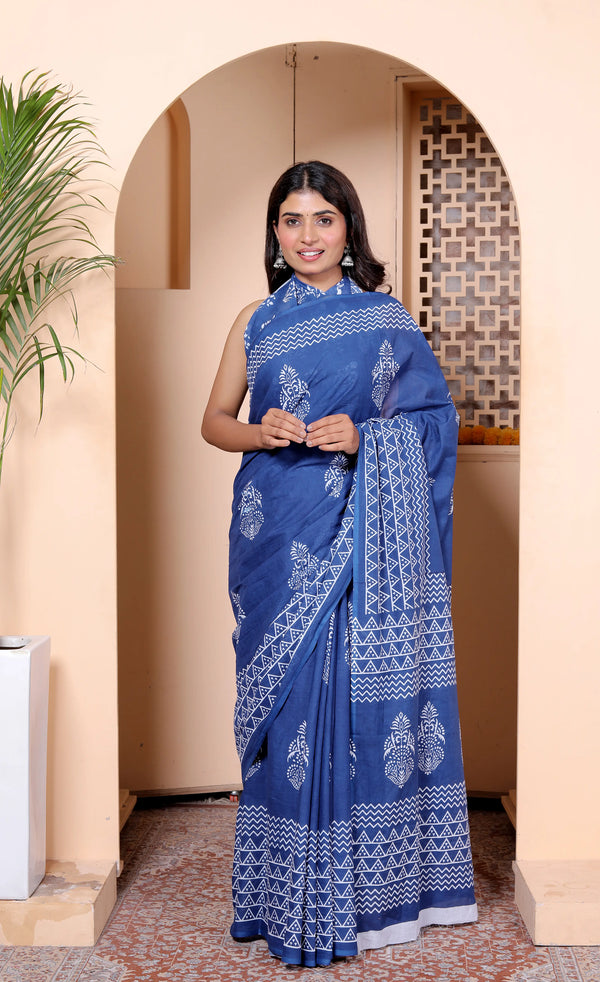 Royal Blue Cotton Saree with White Hand Block Print & Zigzag Border
