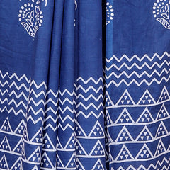 Royal Blue Cotton Saree with White Hand Block Print & Zigzag Border