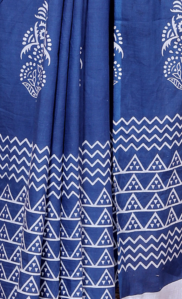 Royal Blue Cotton Saree with White Hand Block Print & Zigzag Border