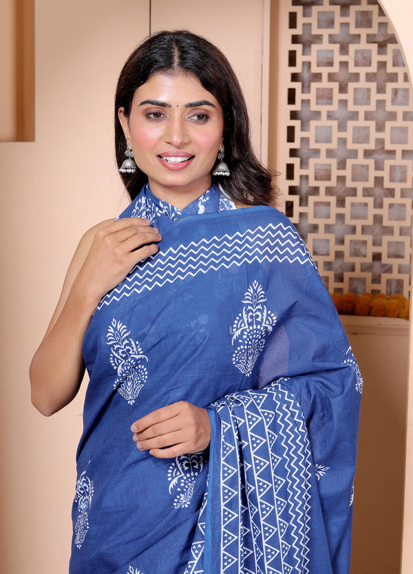 Royal Blue Cotton Saree with White Hand Block Print & Zigzag Border