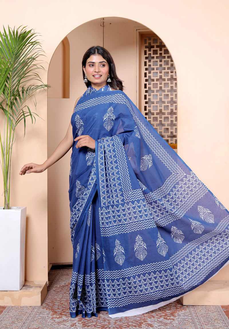 Royal Blue Cotton Saree with White Hand Block Print & Zigzag Border