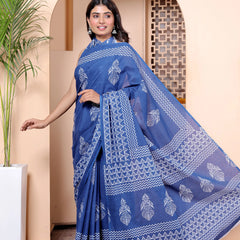 Royal Blue Cotton Saree with White Hand Block Print & Zigzag Border