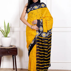 Sunshine Yellow & Black Cotton Saree with Geometric Hand Block Print