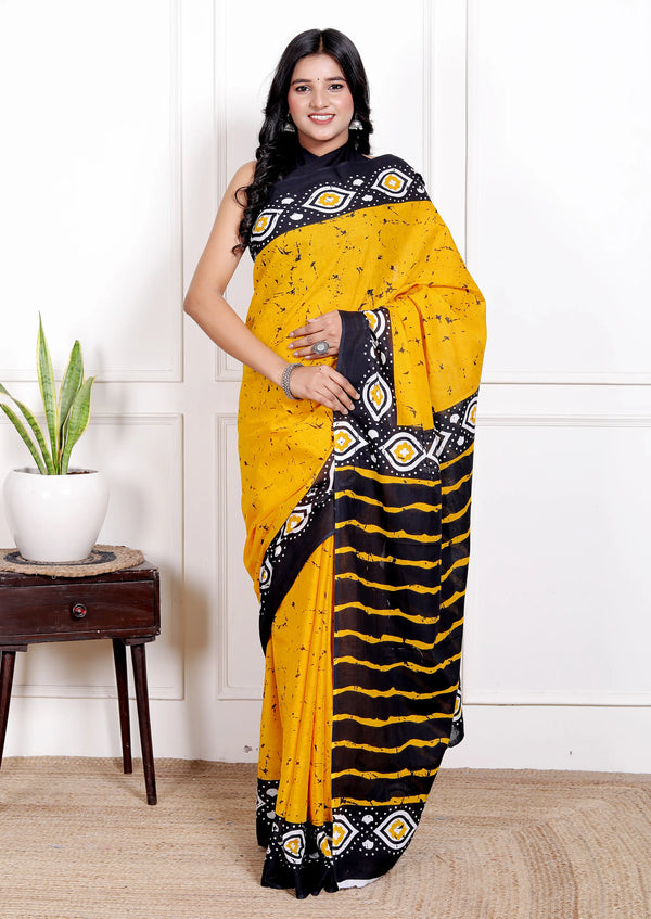Sunshine Yellow & Black Cotton Saree with Geometric Hand Block Print
