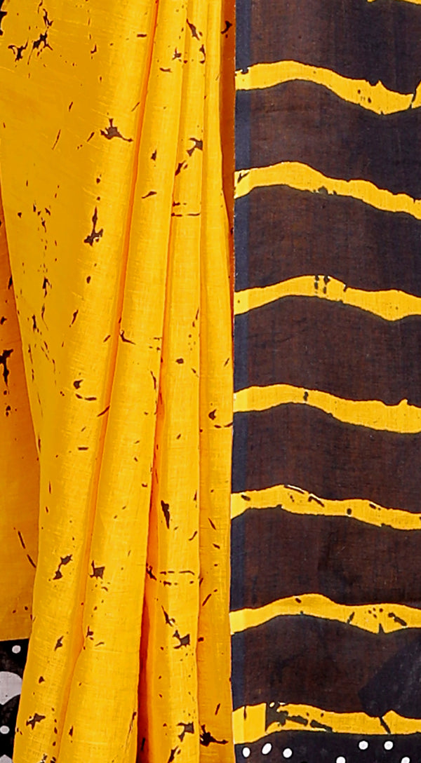 Sunshine Yellow & Black Cotton Saree with Geometric Hand Block Print