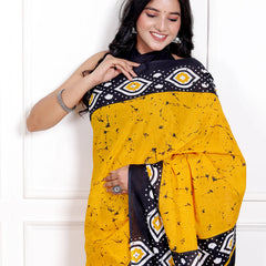 Sunshine Yellow & Black Cotton Saree with Geometric Hand Block Print