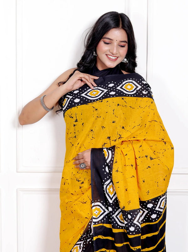 Sunshine Yellow & Black Cotton Saree with Geometric Hand Block Print
