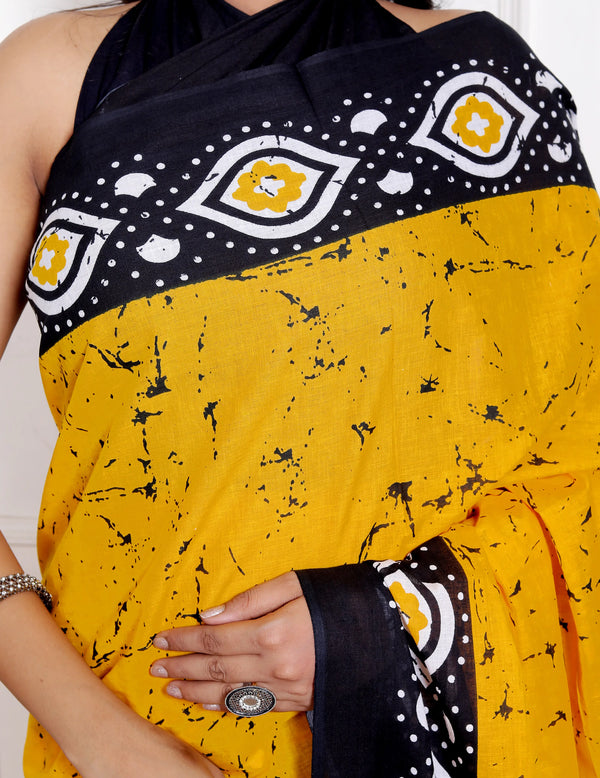 Sunshine Yellow & Black Cotton Saree with Geometric Hand Block Print
