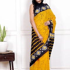 Sunshine Yellow & Black Cotton Saree with Geometric Hand Block Print