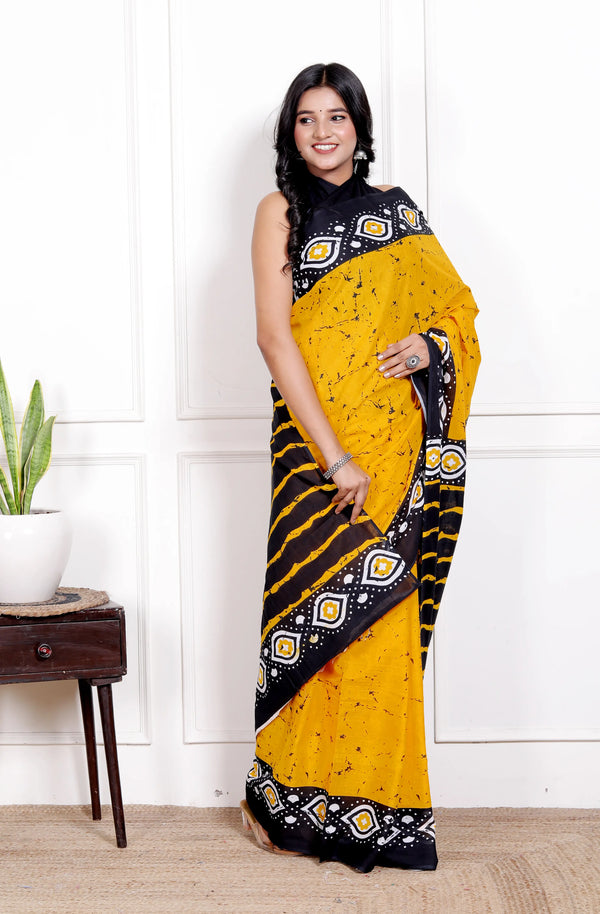 Sunshine Yellow & Black Cotton Saree with Geometric Hand Block Print