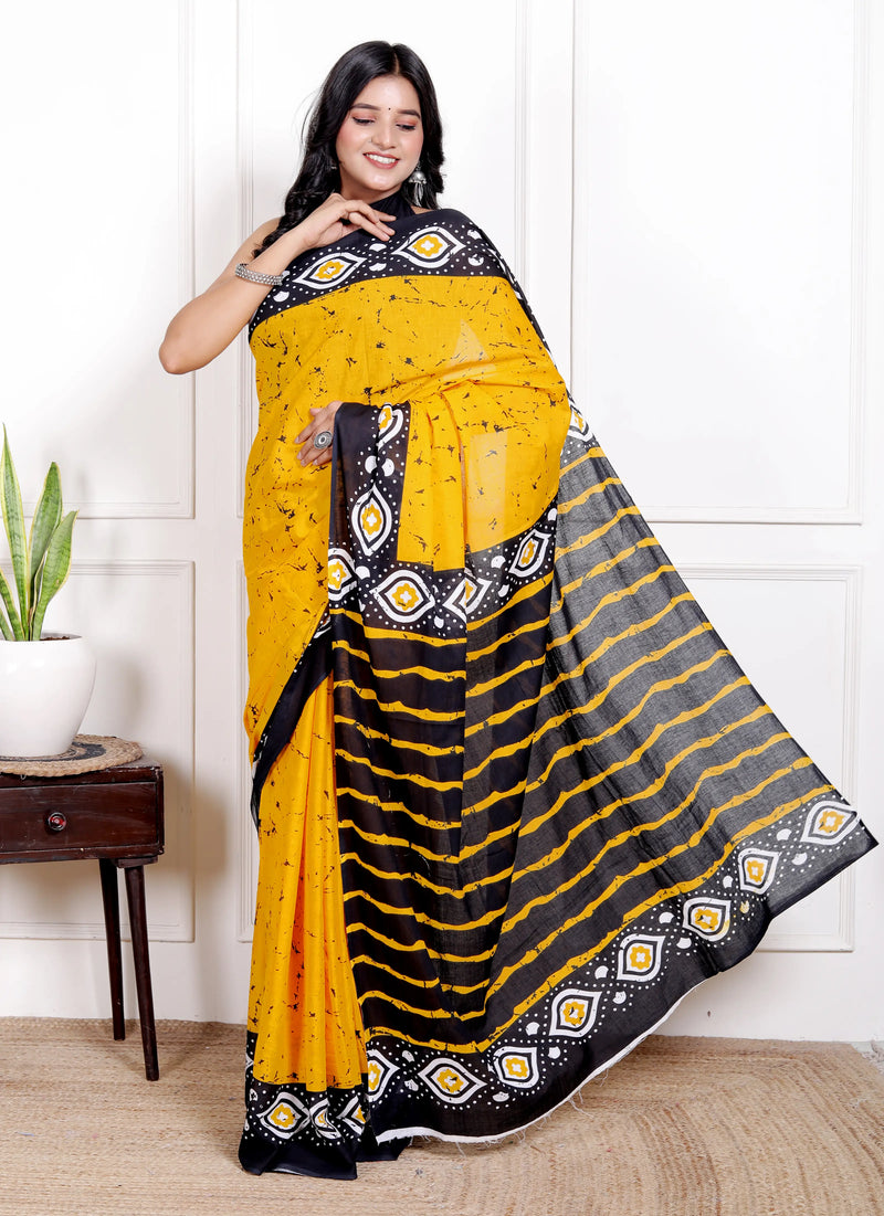 Sunshine Yellow & Black Cotton Saree with Geometric Hand Block Print