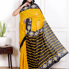 Sunshine Yellow & Black Cotton Saree with Geometric Hand Block Print