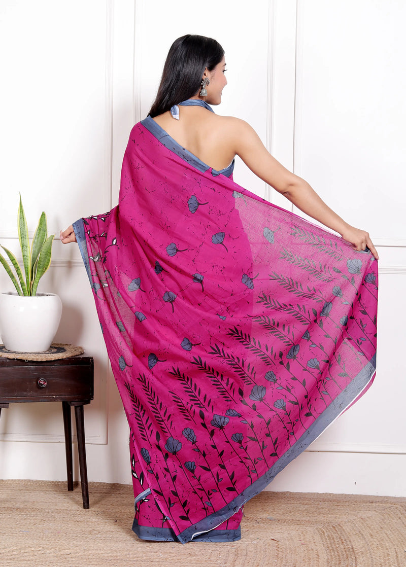 Rose Pink Cotton Saree with Grey Floral Block Print & Contrast Border