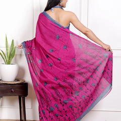 Rose Pink Cotton Saree with Grey Floral Block Print & Contrast Border
