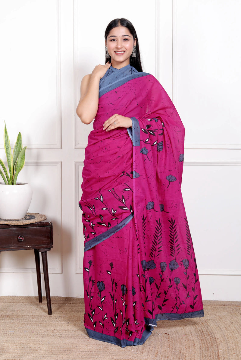 Rose Pink Cotton Saree with Grey Floral Block Print & Contrast Border