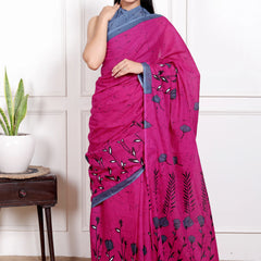Rose Pink Cotton Saree with Grey Floral Block Print & Contrast Border
