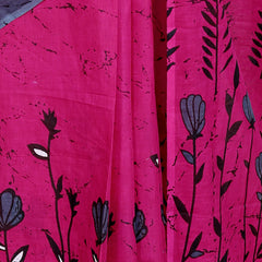 Rose Pink Cotton Saree with Grey Floral Block Print & Contrast Border