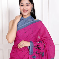 Rose Pink Cotton Saree with Grey Floral Block Print & Contrast Border