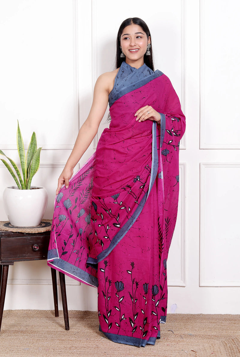 Rose Pink Cotton Saree with Grey Floral Block Print & Contrast Border