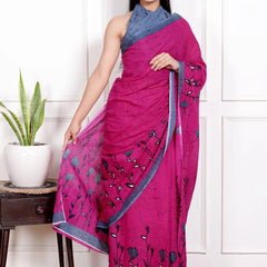 Rose Pink Cotton Saree with Grey Floral Block Print & Contrast Border