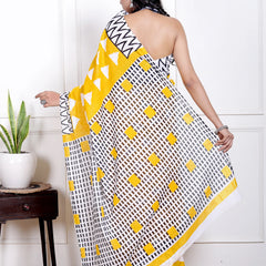 Vibrant Yellow Cotton Saree with Bold White Triangle and Black Geometric Border