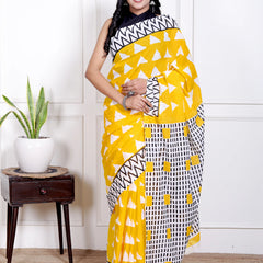 Vibrant Yellow Cotton Saree with Bold White Triangle and Black Geometric Border