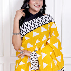 Vibrant Yellow Cotton Saree with Bold White Triangle and Black Geometric Border