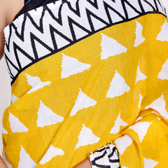 Vibrant Yellow Cotton Saree with Bold White Triangle and Black Geometric Border
