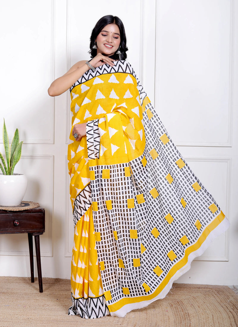 Vibrant Yellow Cotton Saree with Bold White Triangle and Black Geometric Border