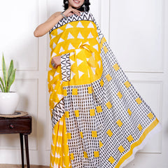 Vibrant Yellow Cotton Saree with Bold White Triangle and Black Geometric Border