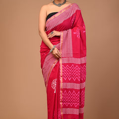 Magenta Pink Pure Cotton Saree with Bold Geometric Print