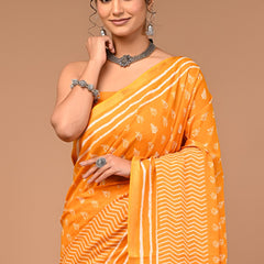 Sunshine Yellow Cotton Saree with White Hand Block Print