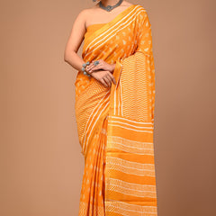 Sunshine Yellow Cotton Saree with White Hand Block Print