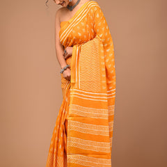 Sunshine Yellow Cotton Saree with White Hand Block Print