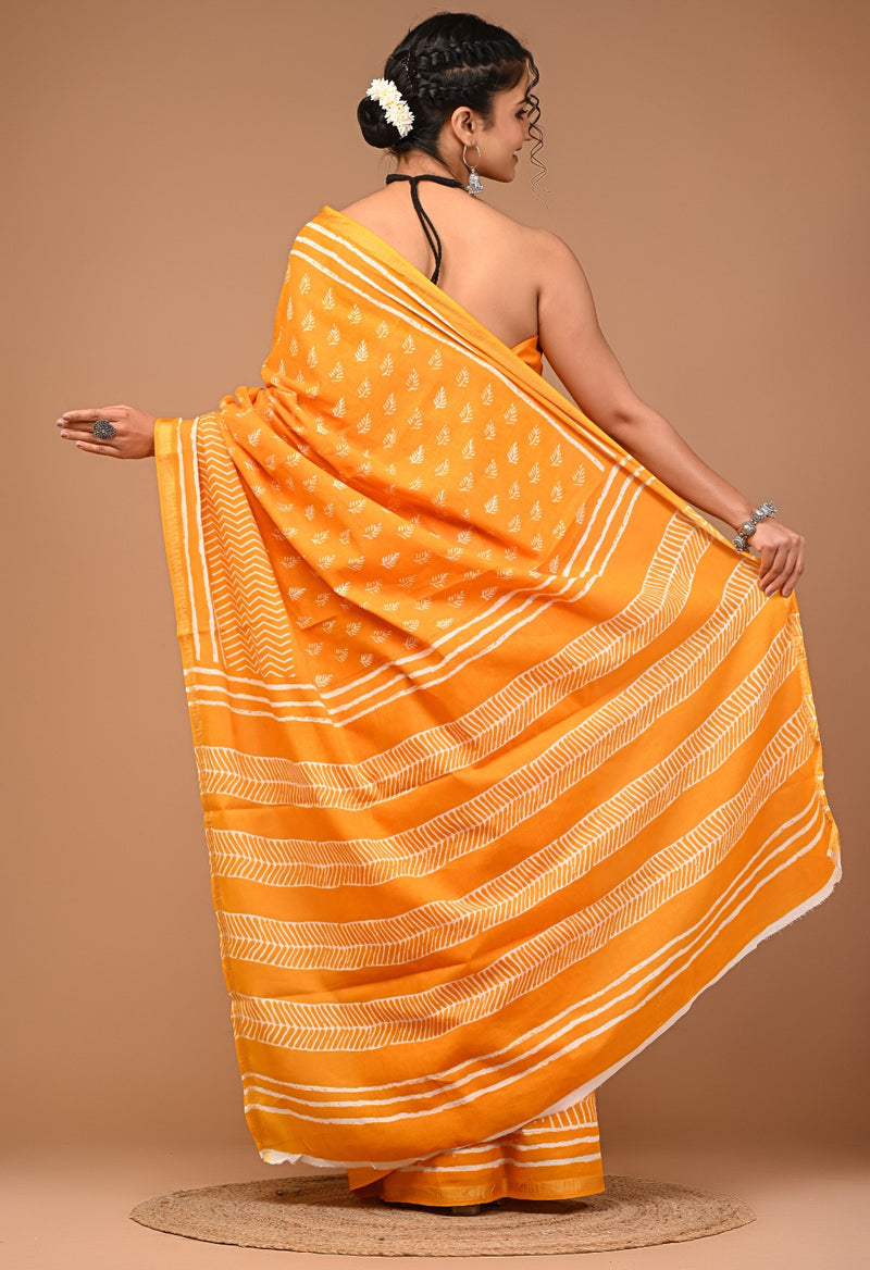 Sunshine Yellow Cotton Saree with White Hand Block Print