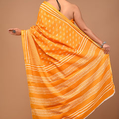 Sunshine Yellow Cotton Saree with White Hand Block Print