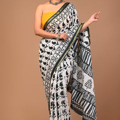 Elegant Black & White Pure Cotton Saree with Tribal Block Print