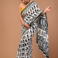 Elegant Black & White Pure Cotton Saree with Tribal Block Print