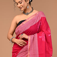 Magenta Pink Pure Cotton Saree with Bold Geometric Print