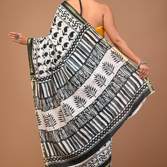 Elegant Black & White Pure Cotton Saree with Tribal Block Print