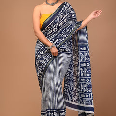Navy Blue & White Handcrafted Dabu Print Cotton Saree