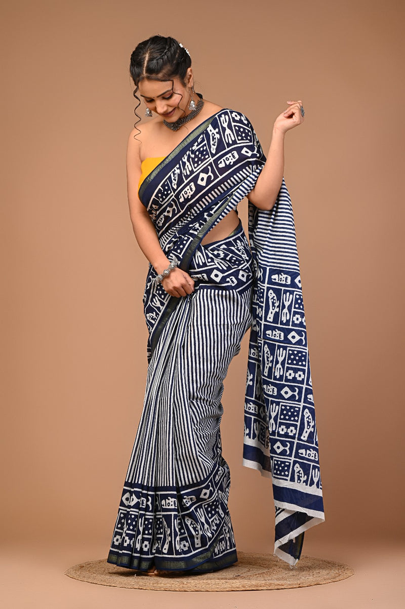 Navy Blue & White Handcrafted Dabu Print Cotton Saree