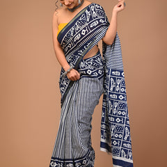 Navy Blue & White Handcrafted Dabu Print Cotton Saree