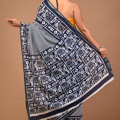 Navy Blue & White Handcrafted Dabu Print Cotton Saree