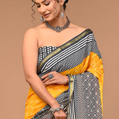 Sunshine Yellow & Black Dabu Printed Cotton Saree with Contrast Patterns