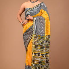 Sunshine Yellow & Black Dabu Printed Cotton Saree with Contrast Patterns