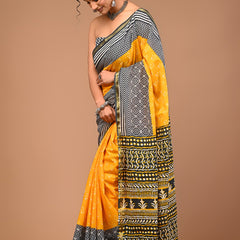 Sunshine Yellow & Black Dabu Printed Cotton Saree with Contrast Patterns