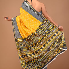 Sunshine Yellow & Black Dabu Printed Cotton Saree with Contrast Patterns