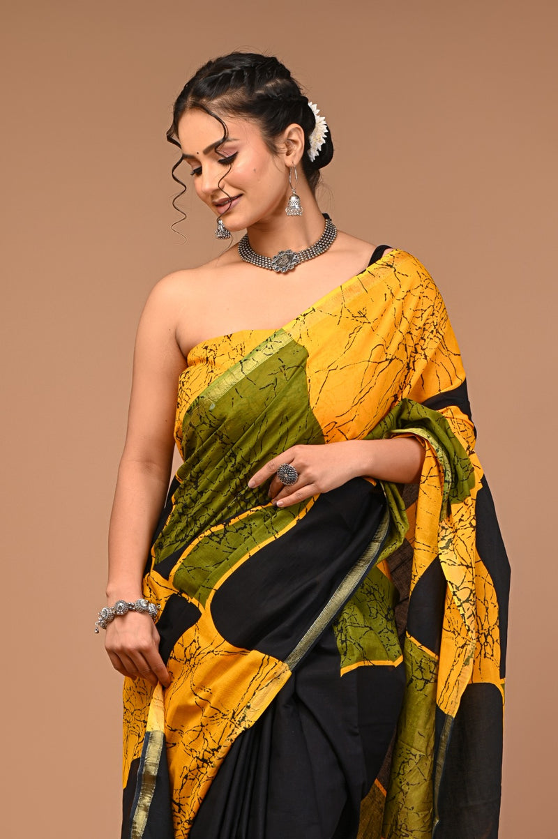 Yellow Olive Green & Black Abstract Batik Print Cotton Saree