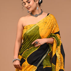 Yellow Olive Green & Black Abstract Batik Print Cotton Saree